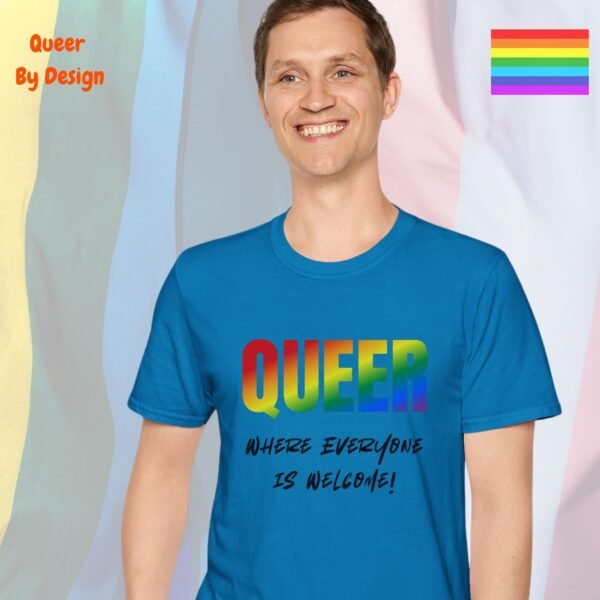 Queer_Where Everyone is Welcome_sapphire blue t-shirt Queer_Where Everyone is Welcome_sapphire blue t-shirt