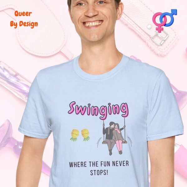 Swinging_Where the Fun Never Stops_light blue t-shirt