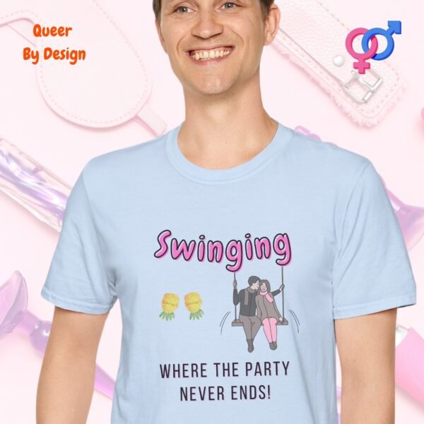 Swinging_Where the Party Never Ends_light blue t-shirt
