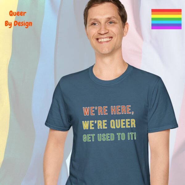 We’re Here, We’re Queer_indigo blue t-shirt